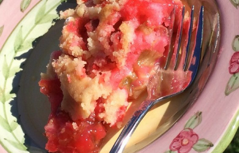 Are you being run over with Rhubarb?  I want to share the best Rhubarb Dump Cake Recipe we have ever had.   It is so good my hubby eats almost 1/2 of it at a sitting.   OH did I mention it is also gluten free and dairy free, but you'd never know it!  And the best part is, you don't have to worry about frosting this cake!